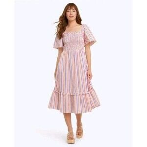 Draper James Deanna Smocked Dress Size XXL Pink Multi Pocket  Cotton Square Neck